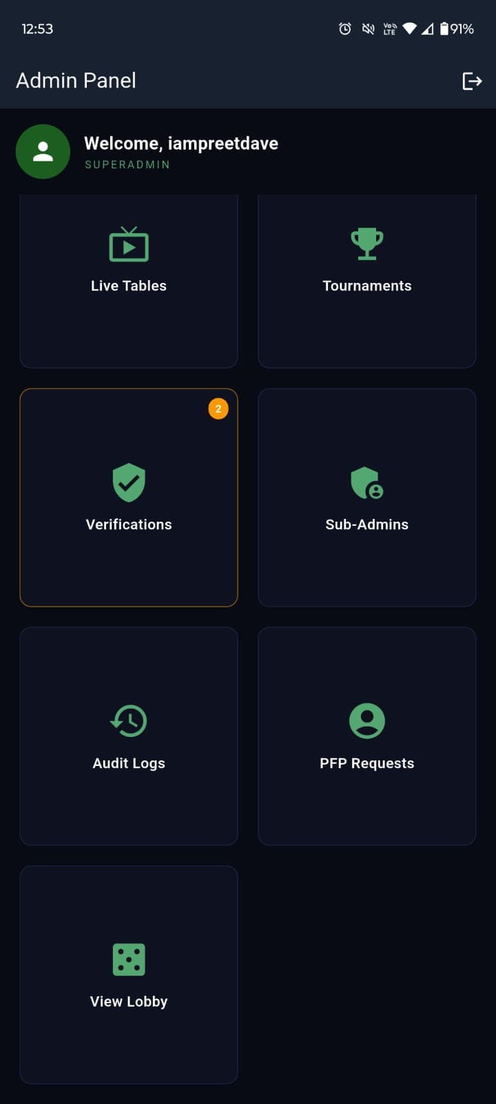 Admin dashboard tiles for live tables, tournaments, verifications, and sub-admins