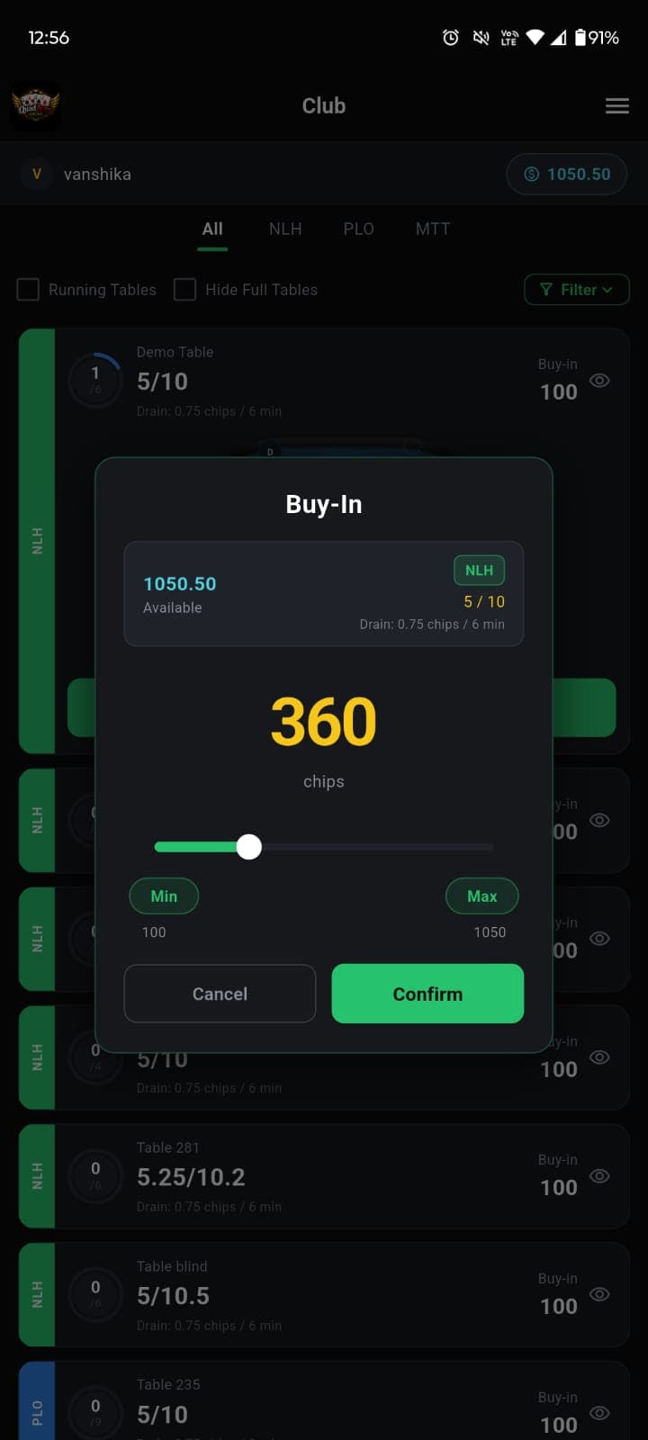 Buy-in slider with a table's min and max