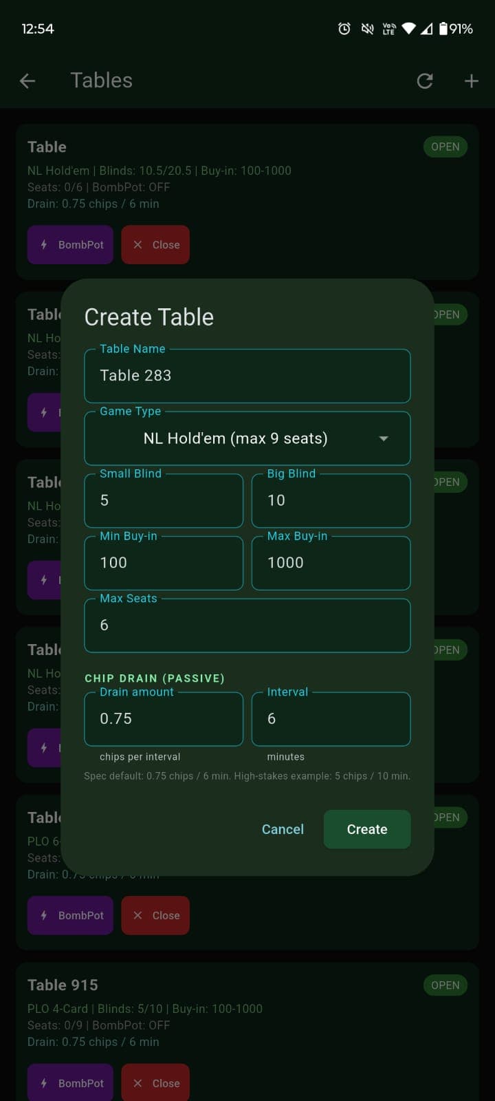 Create-table screen with blinds, buy-in range, seats, and chip drain settings