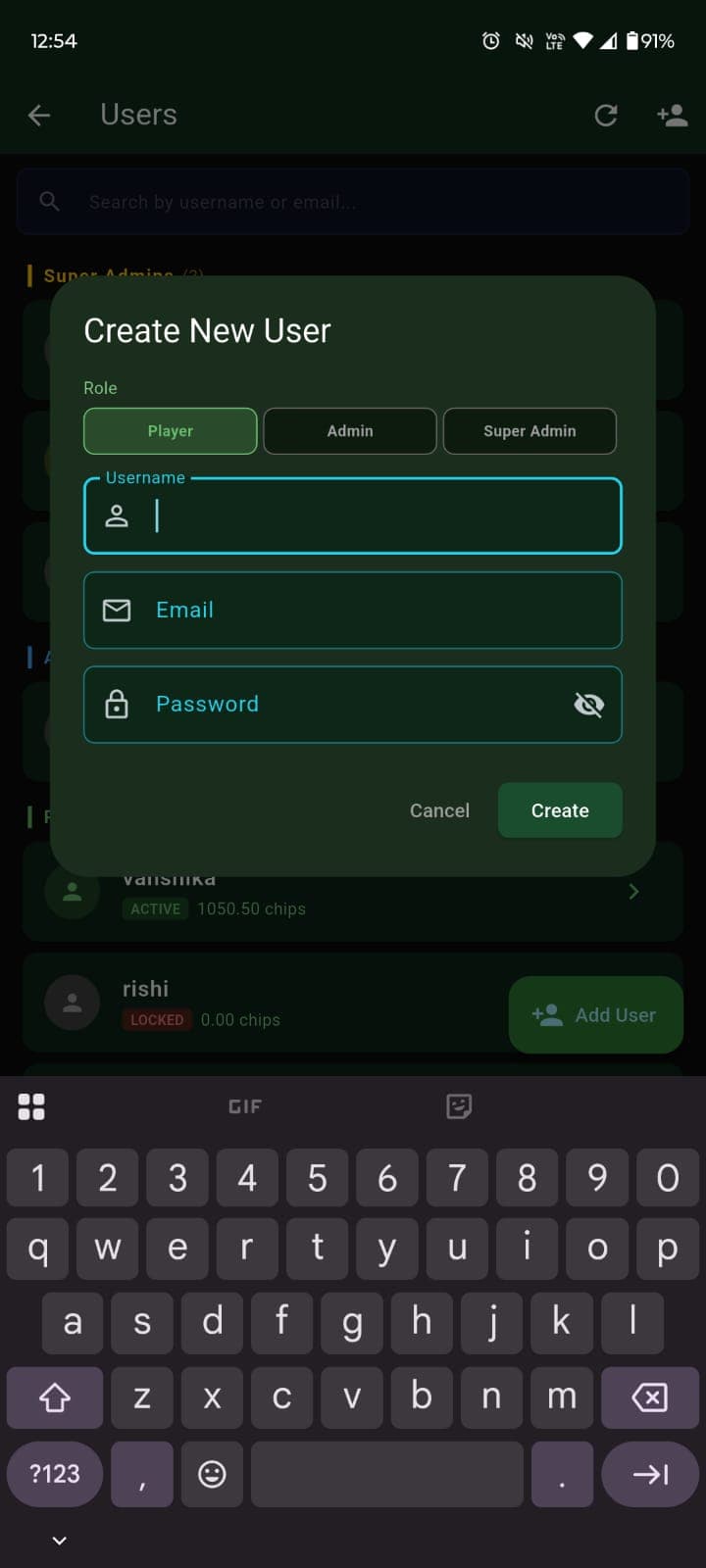 Creating a new staff account with a role selector
