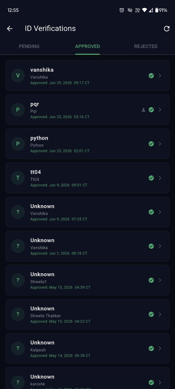 ID verification queue with pending, approved, and rejected tabs