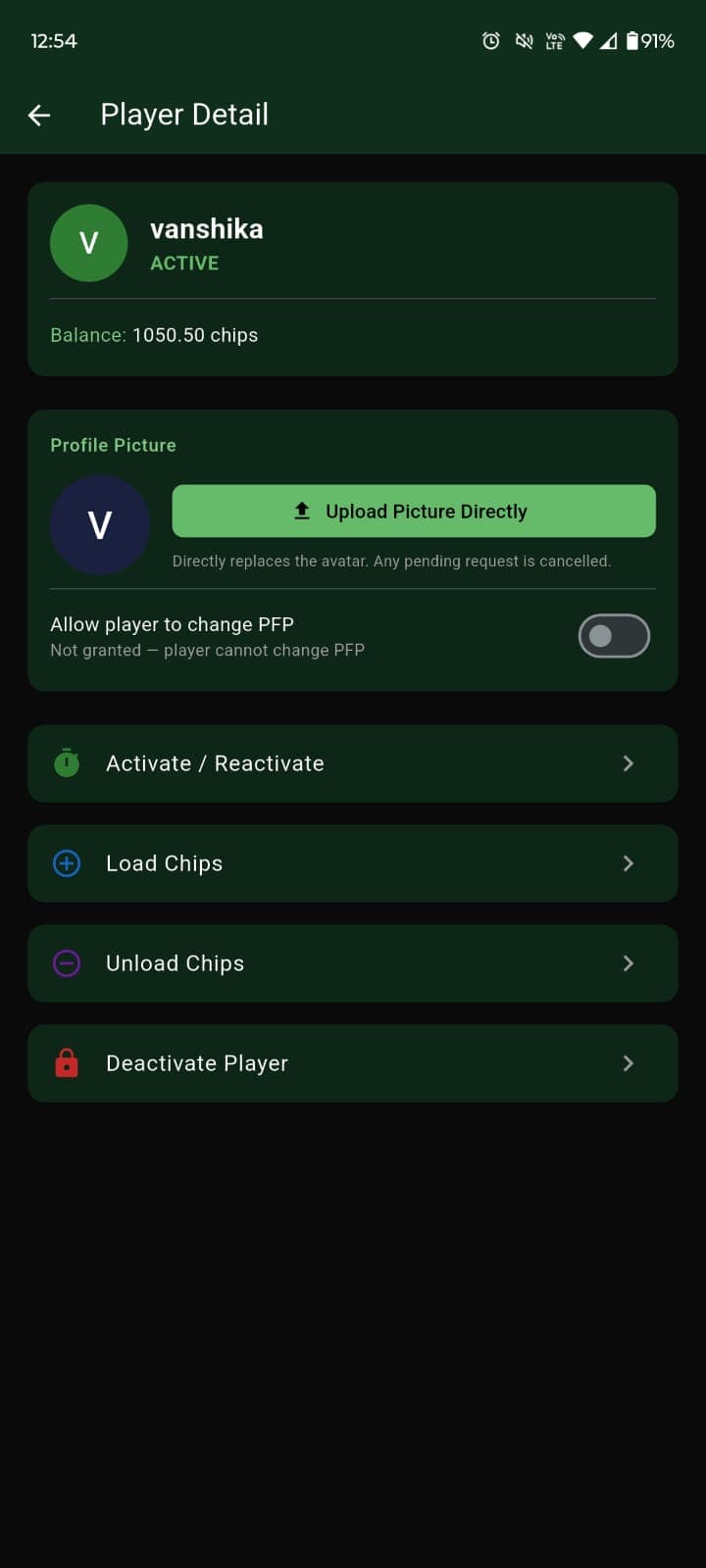 Player detail screen for loading chips and managing an account