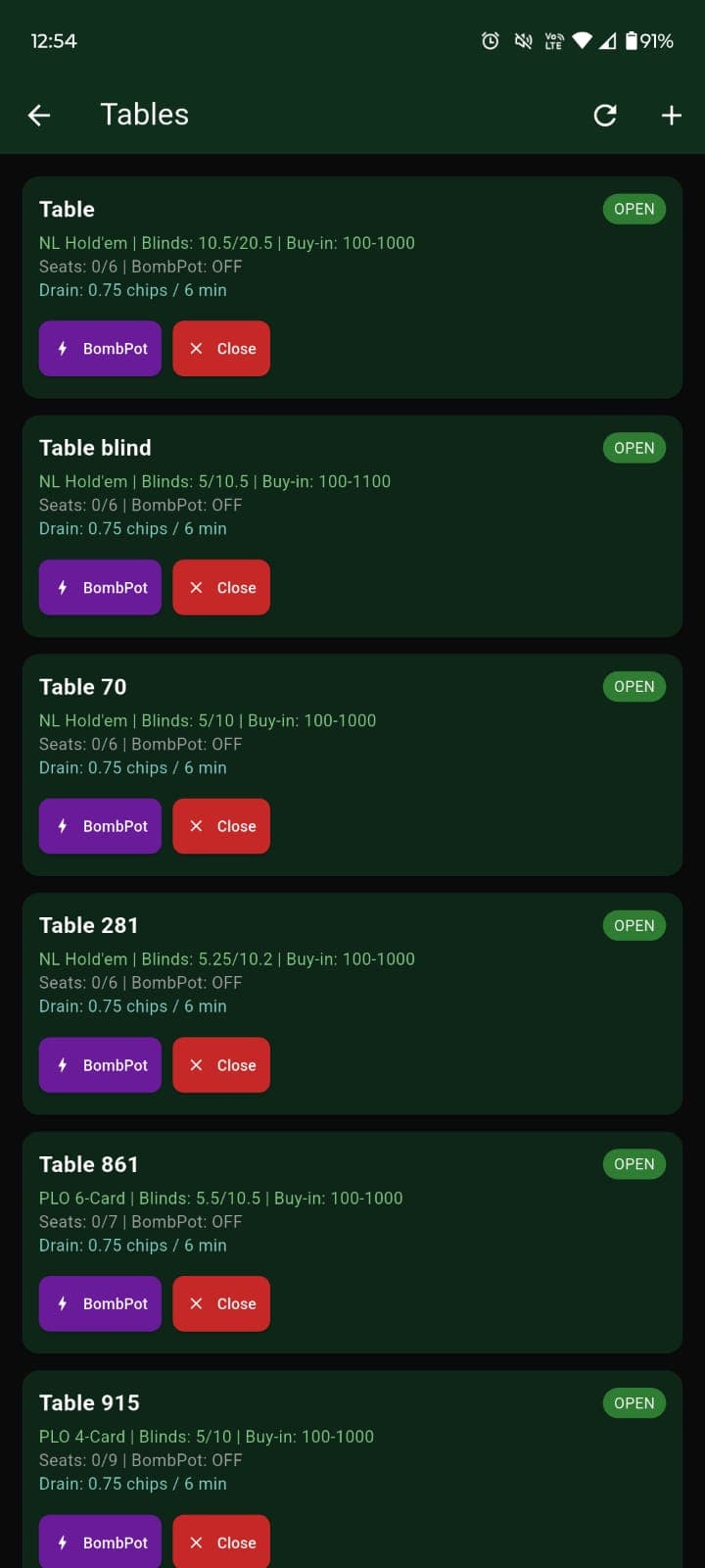 Table management list with Bomb Pot and close controls per table